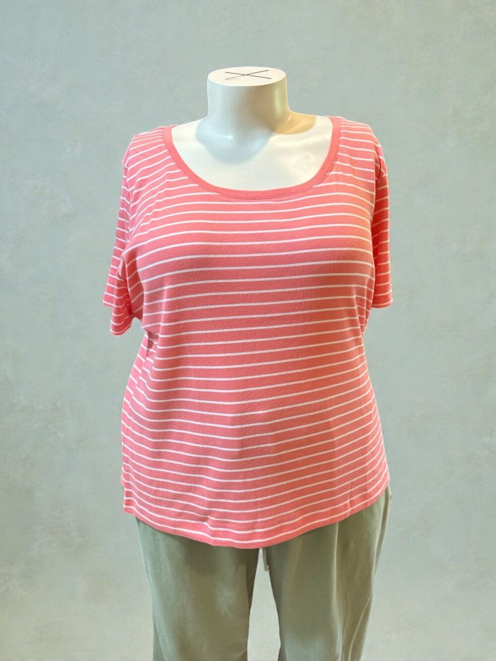 Talbots 3X Salmon/Coral & White Striped Short Sleeve Round Neck Tee Top NEW NWT